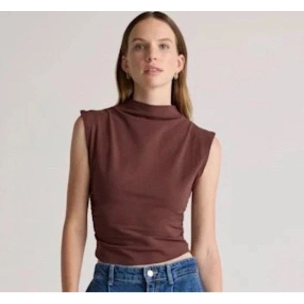 Quince Women Large Stretch Sleeveless Mock Neck Top Brown Cinched Cotton Jersey